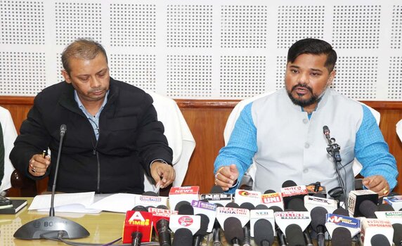 Tripura Food minister Sushanta Chowdhury addresses Press Conference in Agartala.